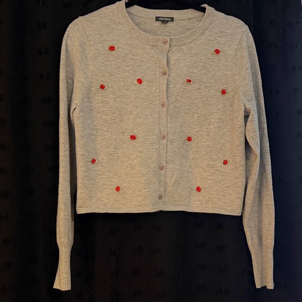 wild fable Gray Cropped Cardigan with Red Rose Embroidery